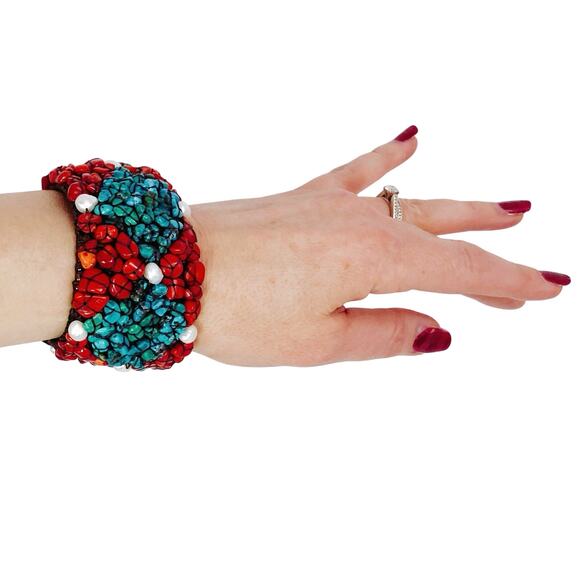 Signed SOMS TH Turquoise Coral Pearl Boho Artisan Woven Adjustable Cuff Bracelet - Picture 7 of 9